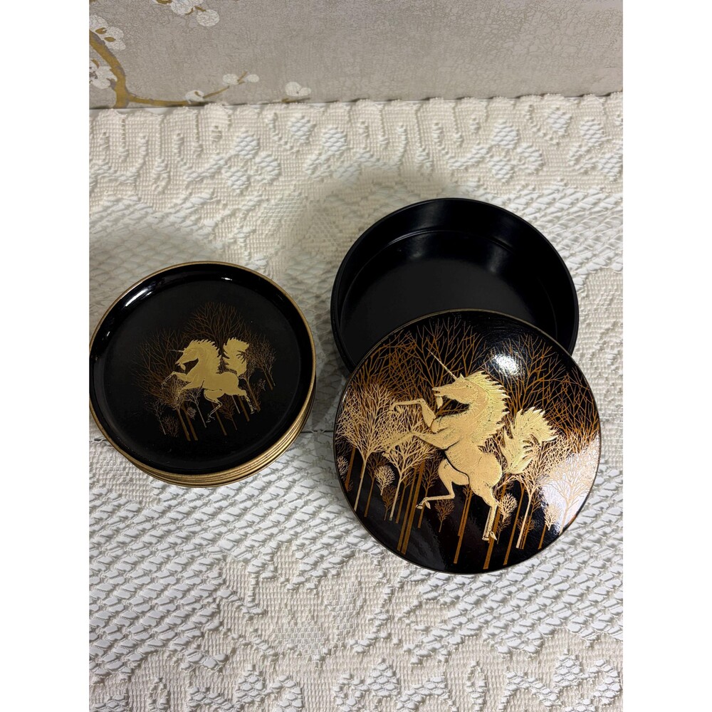 Vintage Otagiri Japan Black Gold Lacquer Unicorn Coaster Set with Lidded Box